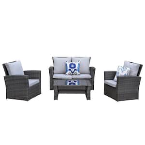 Gray 4-Piece Rattan Wicker Patio Conversation Set with Gray Cushions with End Side Coffee Table