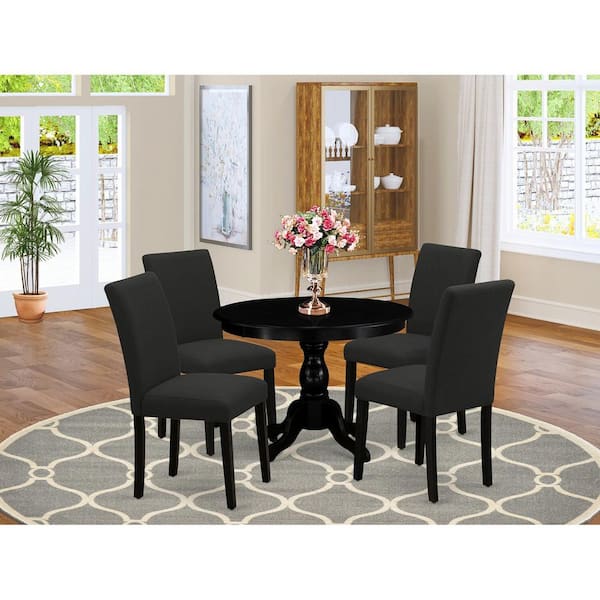 East West Furniture 5-Piece Wire Brushed Black Finish Solid Wood Top Dining table with 4 Chairs with Lattice Back