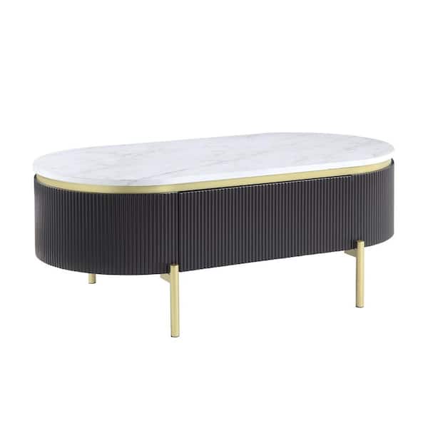 Furniture of America Kivelle 48 in. Dark Walnut/White Oval Faux Marble Top Coffee Table with Storage