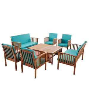 Thalia Brown 8-Piece Wood Outdoor Patio Conversation Set with Teal Cushions