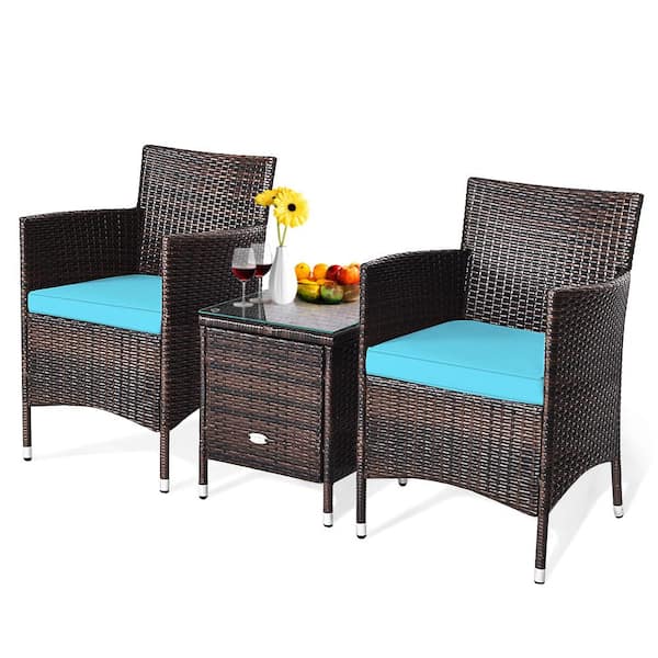 3-Piece Wicker Patio Conversation Set with Blue Cushions