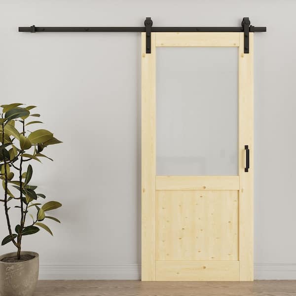 36 in. x 80 in. 1/2-Lite Frosted Glass Solid Core Unfinished Pine Wood Sliding Barn Door with Hardware Kit