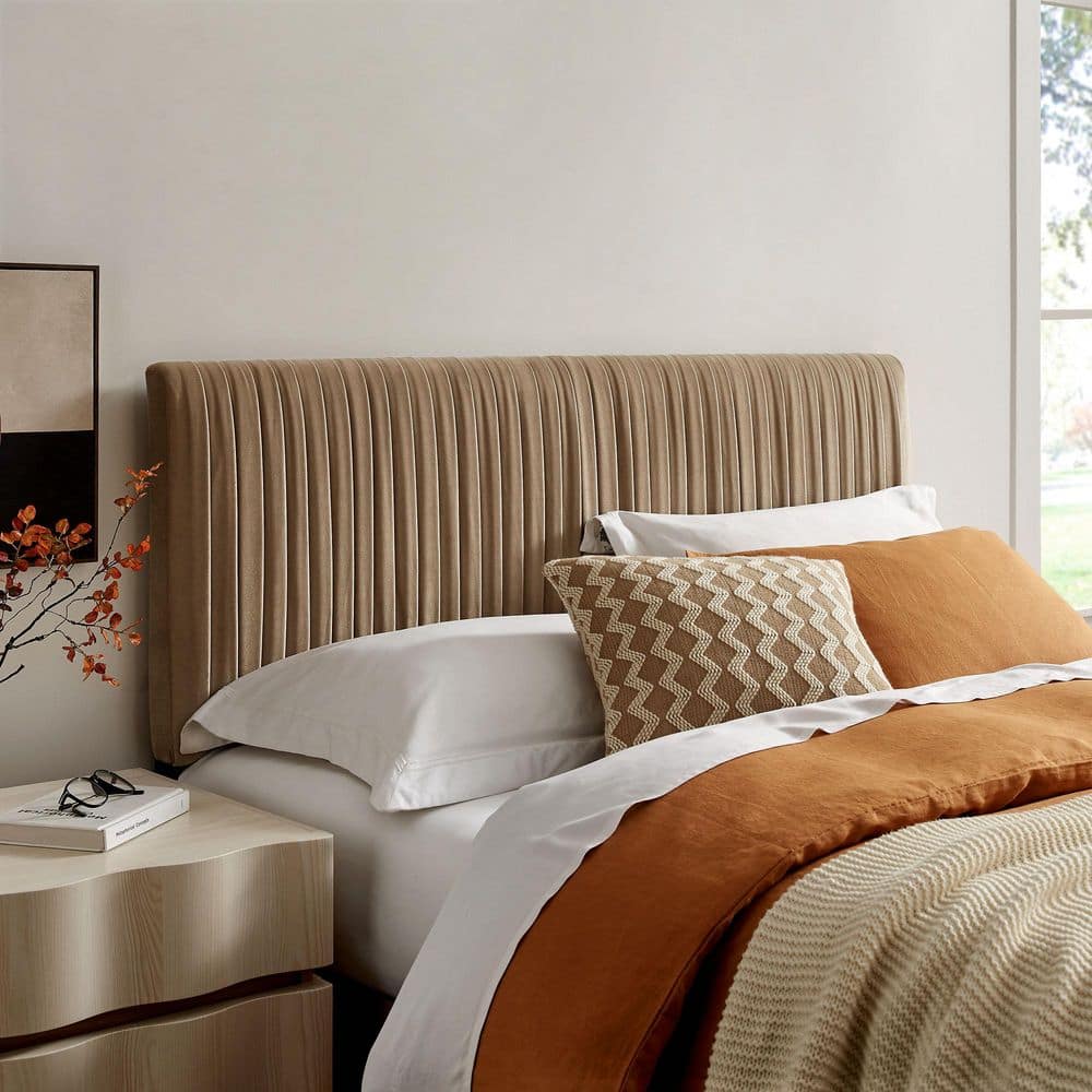 Eloise Queen Velvet Headboard with Ruched Details in Taupe Brown