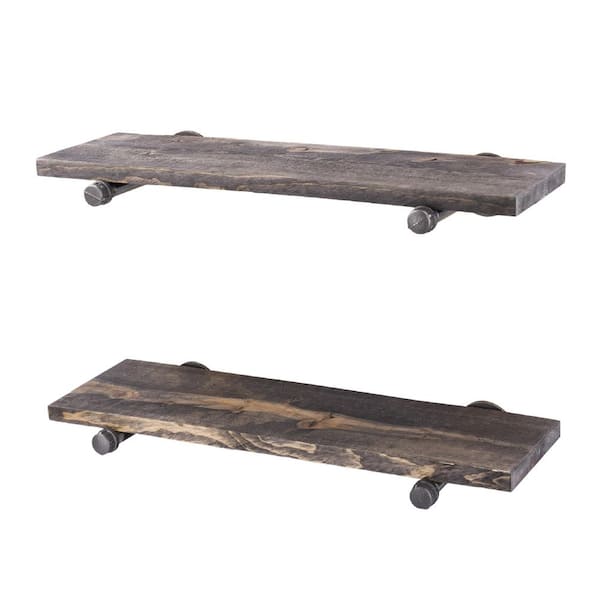 PIPE DECOR 24 in. x 7.5 in. x 6.75 in. Boulder Black Restore Wood Decorative Wall Shelf - Industrial Steel Pipe Straight Brackets