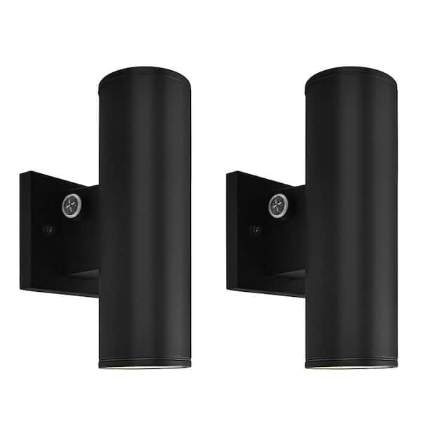 LUXRITE 10 in. Black Dusk to Dawn Outdoor LED Cylinder Wall Sconce Light 3CCT 3000K-5000K 12/15/18-Watt ETL IP65 2-Pack