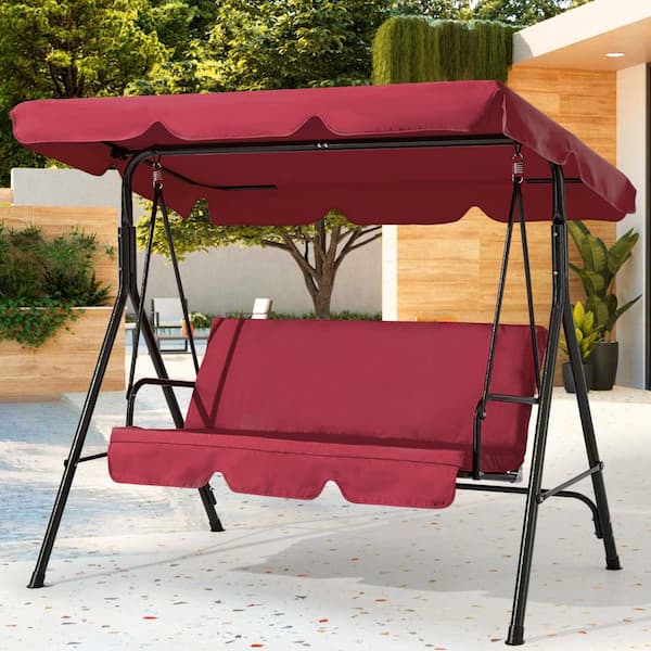Cesicia 2-Person Metal Freestanding Patio Swing with Adjustable Canopy and Red Textilene Backrest