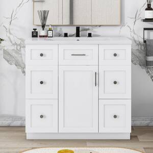 36"W White Free-Standing Resin Top Bathroom Vanity Cabinet with 4 Drawers