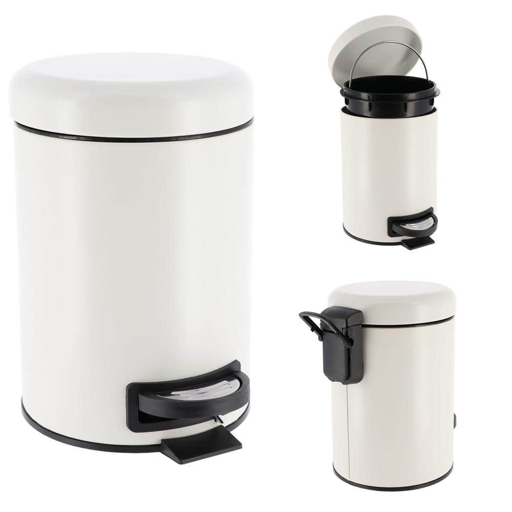 White Metal Soft Close Lid Bathroom Pedal Trash Can, 3 Liters