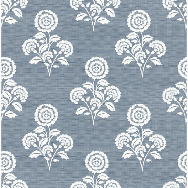 SOCIETY SOCIAL Blue Flourish Block Print Mineral Faux Grass Cloth Peel and Stick Wallpaper Sample