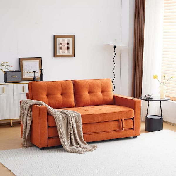63.78 in. Burnt-Orange Chenille Twin Size Sofa Bed