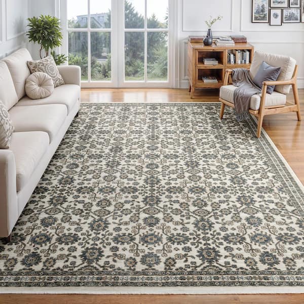 Eclipse Ivory/Blue 10 ft. x 13 ft. Traditional Oriental Floral Polyester Fringe-Edge Indoor Area Rug