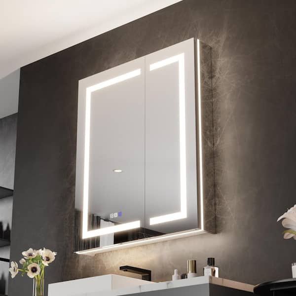 30 in. W x 36 in. H Rectangular Aluminum Recessed/Surface Mount LED Medicine Cabinet with Mirror, 10 x Magnifier, USB