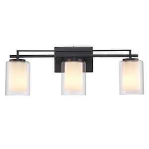 Lisbon 24 in. 3-Light Black Bathroom Vanity Light Fixture with Clear Glass Outer and Opal Glass Inner Shades