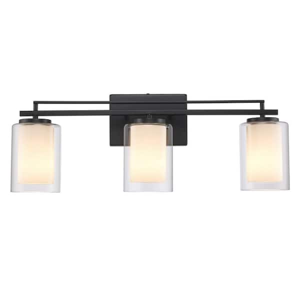 Lisbon 24 in. 3-Light Black Bathroom Vanity Light Fixture with Clear Glass Outer and Opal Glass Inner Shades