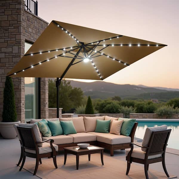 Crestlive Products 9 ft. x 11 ft. LED Rectangular Swivel Double Cantilever Tilt Patio Umbrella in Tan