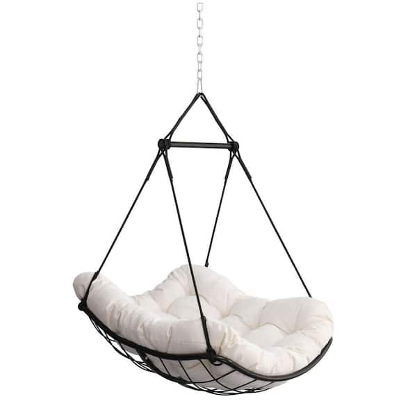 Miscool Anky 1-Person Black Sling Porch Swing, Hanging Egg Hammock Chair with Off White Cushion