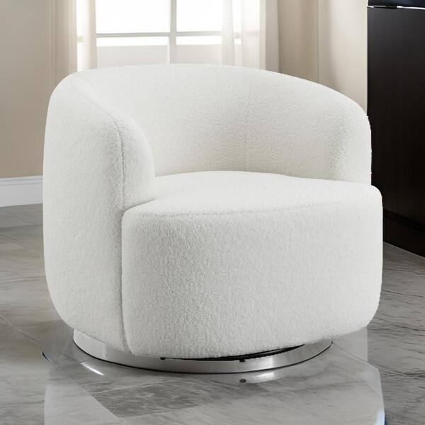Benjara White Faux Sheep Skin Flared Arm Chair with Swivel