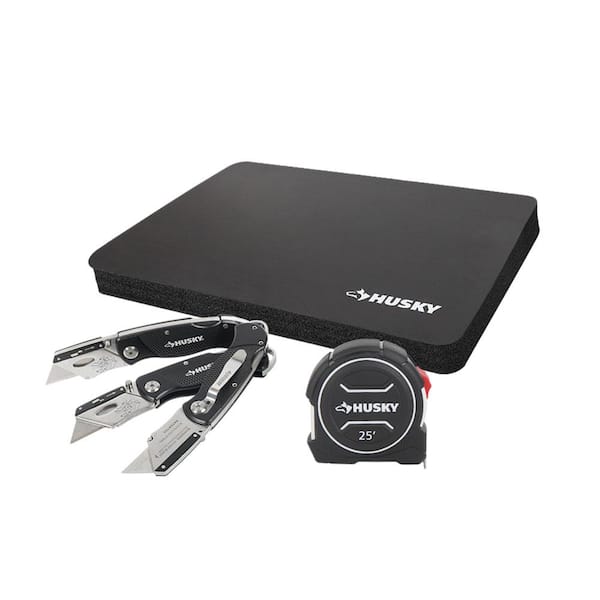 Husky Layout Set - 25 ft. Tape Measure, 3-Pack Folding Utility Knife Set(Lock-Back/Textured Grip) and Kneeling Pad