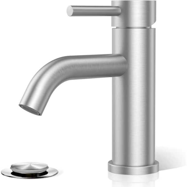 Brushed Nickel Single Handle 1 Hole Bathroom Faucet, One Hnadle Stainless Steel Vanity Faucet, with Metal Pop-up Drain
