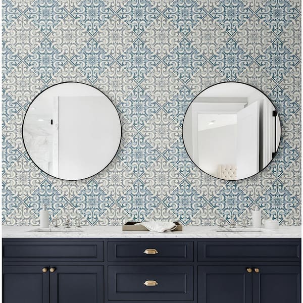 56 sq. ft. Smokey Blue and Metallic Chiffon Aveline Faux Moroccan Tile Unpasted Paper Wallpaper Roll
