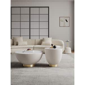 Anderson 28.15 in. Cream Round Leatherette Upholstered Faux Marble Coffee Table with 2-End Tables