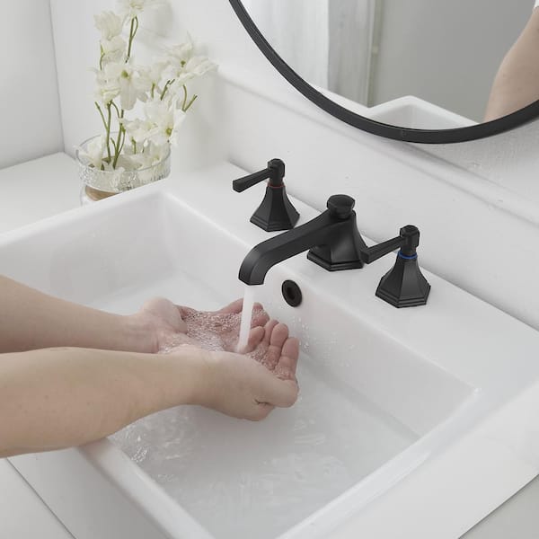 8 in. Widespread Double Handle 3 Hole Bathroom Faucet Water-Saving With Metal Drain In Matte Black