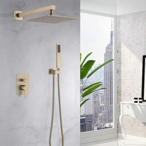 12 in. Brushed Gold Dual 2 Flow Rate Stainless Steel Bathroom Rain Shower Combo Set with Hand Shower, Brushed Gold