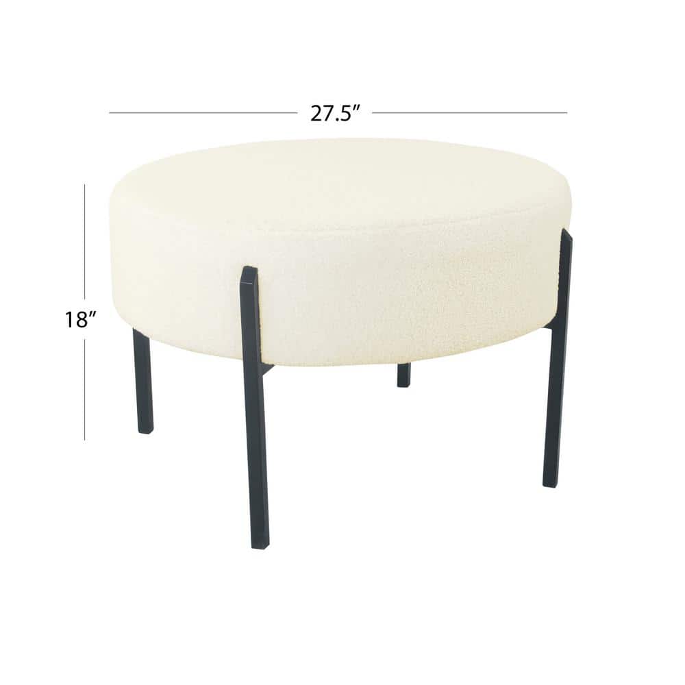 Cream Sherpa Round Ottoman with Black Metal Legs