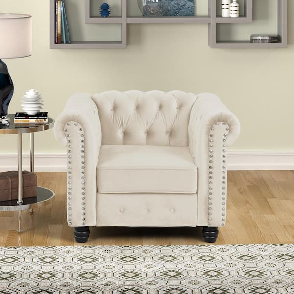 Morden Fort Velvet Chesterfield Chair for Living Room in Beige