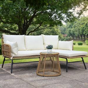3-Piece Wicker Patio Conversation Set and Round Tempered Glass Table with Beige Cushion