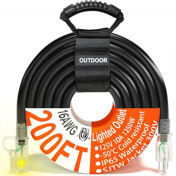 200 ft. 16/3 Gauge Outdoor Extension Cord with Lighted End Cold-Resistant Black Waterproof Flexible Tri-Tap