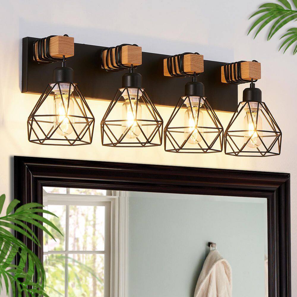27 in. 4-Light Black Vanity Light with Wood Accents and Geometric Metal Cage Shade price history on PriceWatchPro
