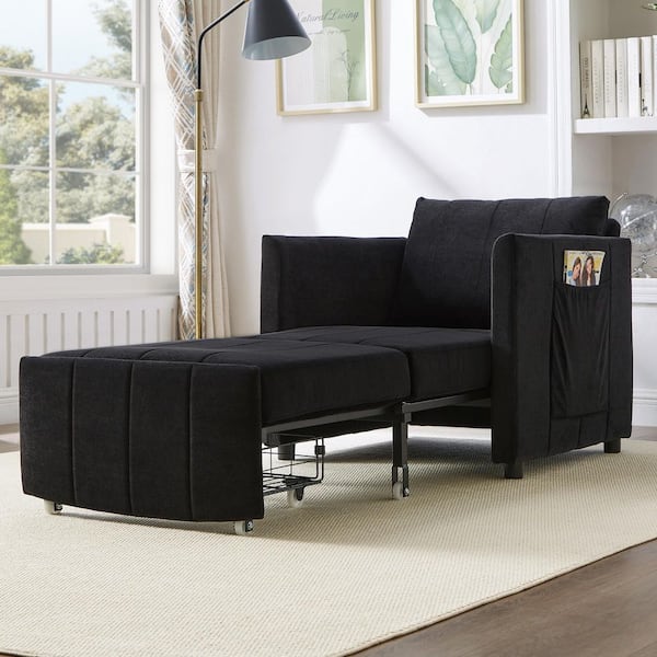 Harper & Bright Designs Black Chenille Arm Chair Convertible Sofa Bed with 5-Position Adjustable Backrest, Side Pockets and a Storage Basket