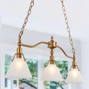 Vintage Antique Gold Linear Island Chandelier with Cone White Frosted Glass Shades for Kitchen, 3-Light Billiard Light