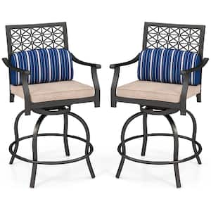 Set of 2 Patio Metal Swivel Outdoor Bar Stool Chairs with Beige Cushion