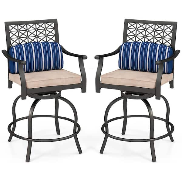 Set of 2 Patio Metal Swivel Outdoor Bar Stool Chairs with Beige Cushion