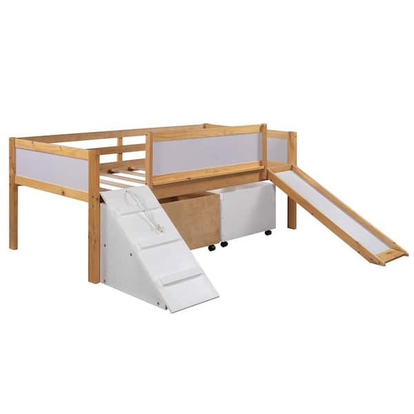 aisword Twin size Low Loft Bed Wooden Bed with Two Storage Boxes - Natural