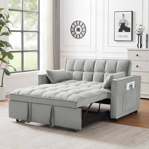 55.11 in. Gray Modern Velvet 3 in 1 Convertible Loveseat Futon Sleeper Sofa Bed w/Pullout Bed, Toss Pillows