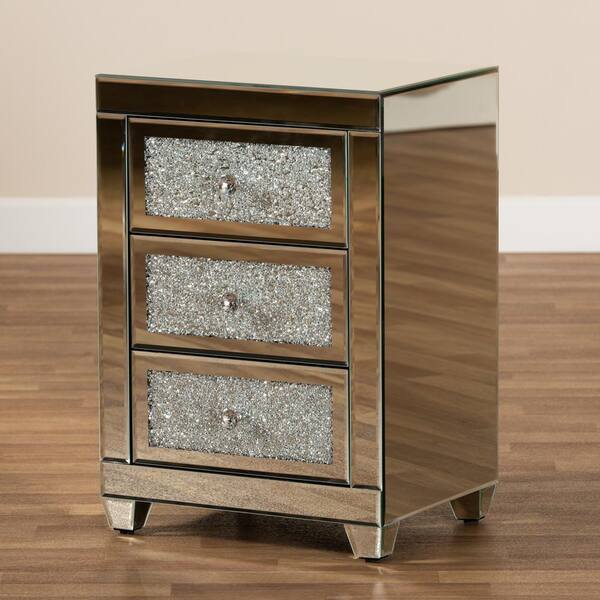 Baxton Studio Ralston 3 Drawer Mirrored and Sliver Nightstand 26