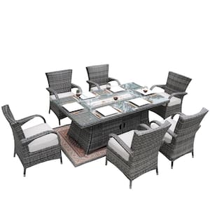 Elle Gray 7-Piece Wicker Patio Conversation Set Outdoor Rectangular Gas Fire Pits Table with Gray Cushions