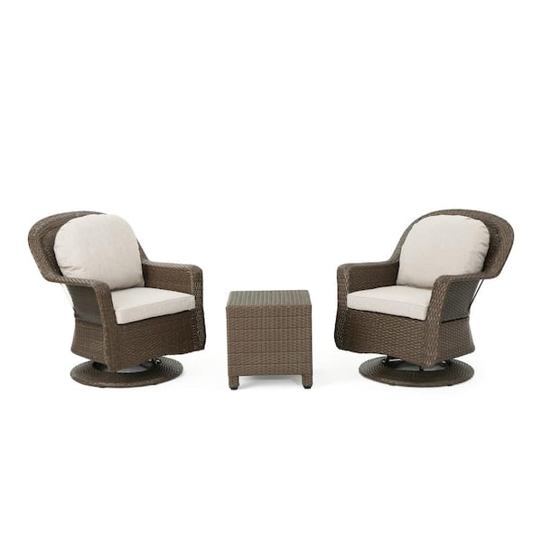 3-Piece Faux Rattan Patio Conversation Set with Ceramic Gray Cushions