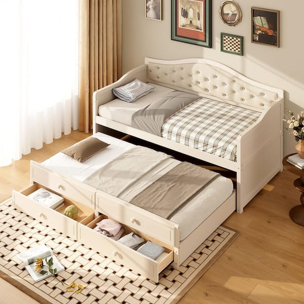 Beige Twin Daybed with Trundle, 2 Storage Drawers Wooden Sofa Bed with Upholstered Button Tufted Backrest, Wood Slats