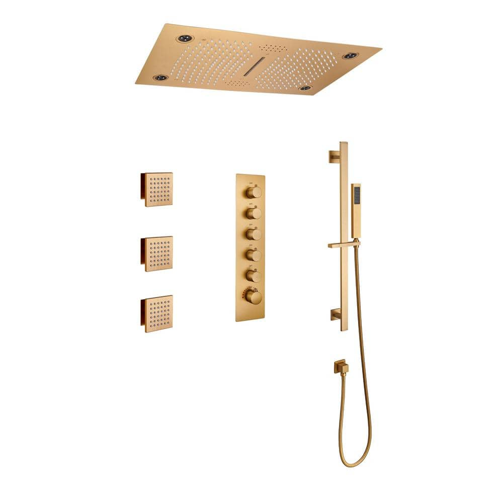 CASAINC Luxury 3-Spray 12 in. Dual Shower Head and Handheld Shower Head Ceiling Mount 2.5 GPM with 6-Body Jets in Brushed Gold