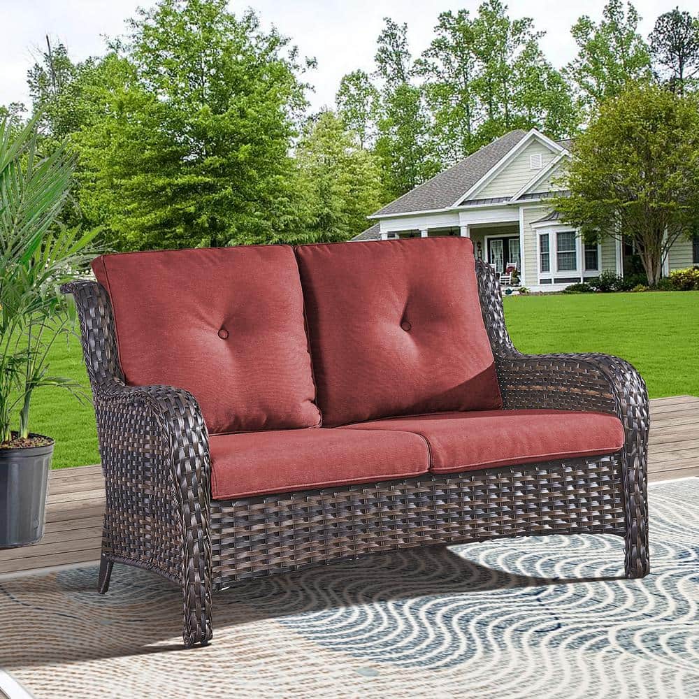 Carolina Brown 1-Piece Wicker Outdoor Loveseat with Thick Red Cushions price history on PriceWatchPro