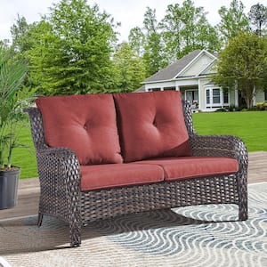 Carolina Broewn Wicker Outdoor Loveseat with Red Cushions