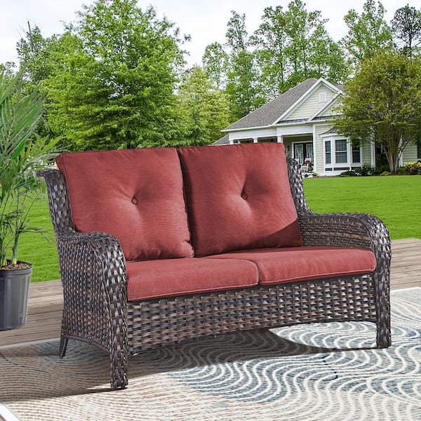 Gymojoy Carolina Brown 1-Piece Wicker Outdoor Loveseat with Thick Red Cushions
