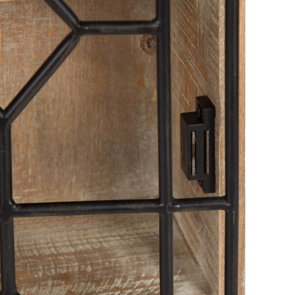 Rustic Brown Wooden Curio Cabinet with Lighted Black Iron Door