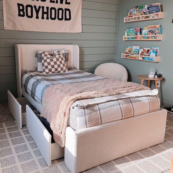 Cream Twin Upholstered Bed with Storage Drawers