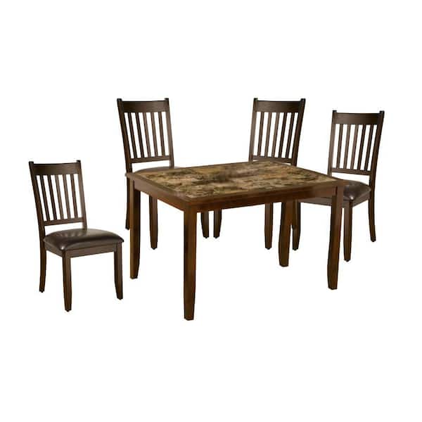 Benjara 5-Piece Brown Faux Marble Top Wood and Leatherette Dining Set