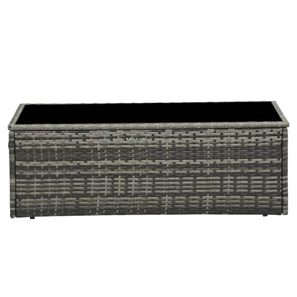 Zeus & Ruta 43 in. Wicker Outdoor Coffee Table with Black Top in Gray